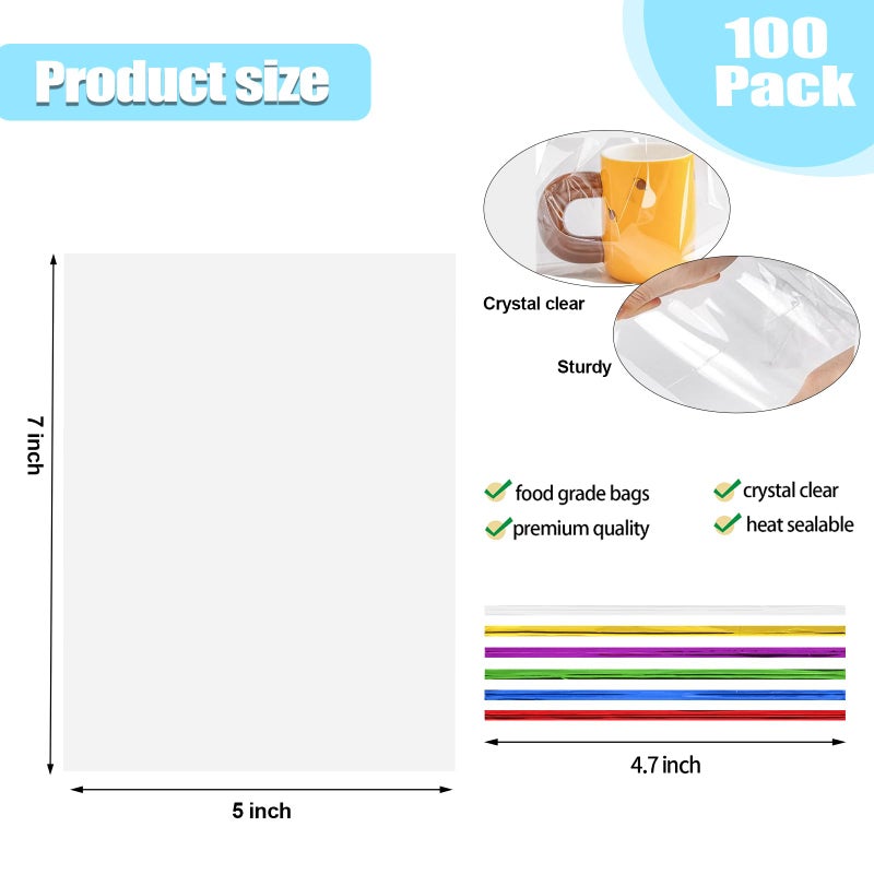 SOMIOCO 100 pcs Clear 5" x 7" Flat Cello Cellophane Bags Poly Treat Bags 1.4 mils for Gift Wrapping, Bakery, Cookie, Candies, Toast, Dessert, Party Favors Packaging - Image 3